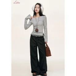 Liilou Plaid Stringy Lace Edge Wide-Leg Fleece-Lined Jeans
