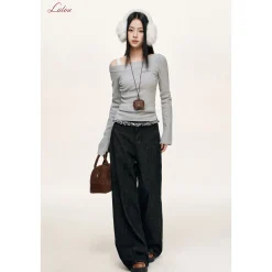 Liilou Plaid Stringy Lace Edge Wide-Leg Fleece-Lined Jeans