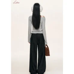 Liilou Plaid Stringy Lace Edge Wide-Leg Fleece-Lined Jeans