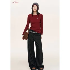 Liilou Plaid Stringy Lace Edge Wide-Leg Fleece-Lined Jeans