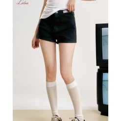 Liilou Retro High Waist A-Line Denim Shorts Black