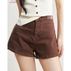 Liilou Retro High Waist A-Line Denim Shorts Brown
