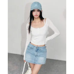 Liilou Retro Washed Denim Short Skirt Blue