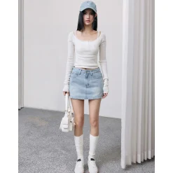 Liilou Retro Washed Denim Short Skirt Blue