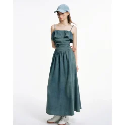 Liilou Ruffled Tube Top Sling Denim Dress