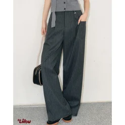 Liilou Striped High Waist Wide Leg Suit Pants Dark Grey