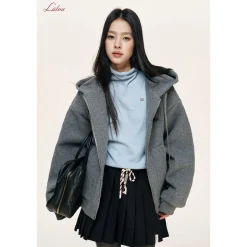 Liilou Tweed Zip Up Oversized Hoodie Gray