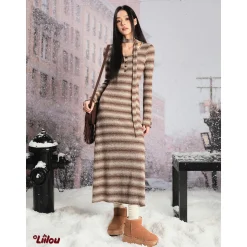 Liilou Vintage Color Blocked Striped Knit Dress