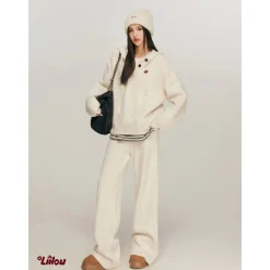Liilou Vintage Cozy Knit Pants Cream