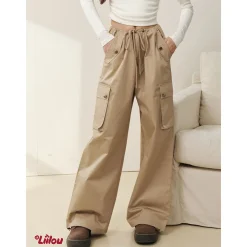Liilou Vintage Pocket Drawstring Straight-Leg Cargo Pants