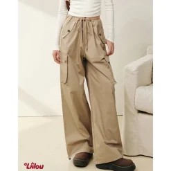 Liilou Vintage Pocket Drawstring Straight-Leg Cargo Pants