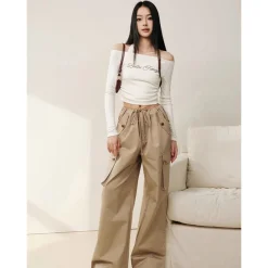 Liilou Vintage Pocket Drawstring Straight-Leg Cargo Pants