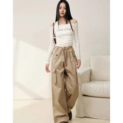 Liilou Vintage Pocket Drawstring Straight-Leg Cargo Pants