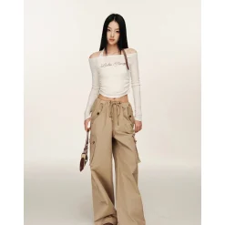 Liilou Vintage Pocket Drawstring Straight-Leg Cargo Pants
