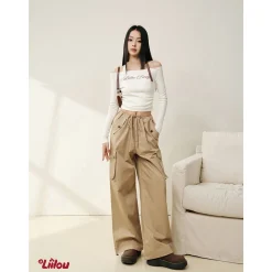 Liilou Vintage Pocket Drawstring Straight-Leg Cargo Pants