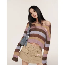 Liilou Vintage Rainbow Colour Blocked L/S Knit Top