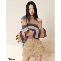 Liilou Vintage Rainbow Colour Blocked L/S Knit Top