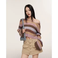 Liilou Vintage Rainbow Colour Blocked L/S Knit Top