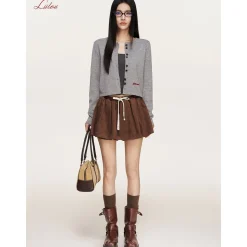 Liilou Vintage Suede Contrast Color Waist Bud Skirt