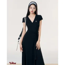Liilou V-Neck Lace-Up A-Line Long Dress