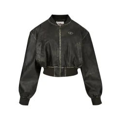Liilou Washed Distressed Short Leather Jacket Black