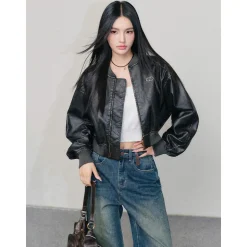Liilou Washed Distressed Short Leather Jacket Black