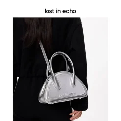 Lost In Echo Embossed Logo Leather Bowling Bag Sliver
