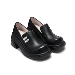 Lost In Echo Round Toe Thick-Soled Heel Leather Shoes Black
