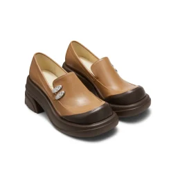 Lost In Echo Round Toe Thick-Soled Heel Leather Shoes Brown