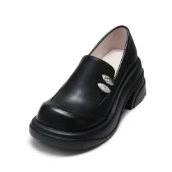 Lost In Echo Round Toe Thick-Soled Heel Leather Shoes Black