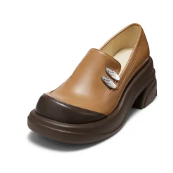 Lost In Echo Round Toe Thick-Soled Heel Leather Shoes Brown