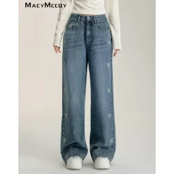 MacyMccoy Butterfly Printed Wide-Leg Denim Pants Blue