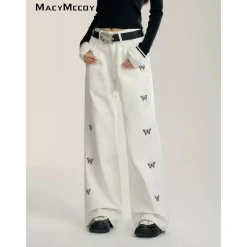 MacyMccoy Butterfly Printed Wide-Leg Denim Pants White