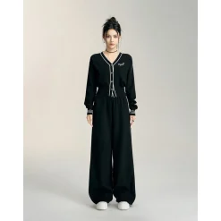 MacyMccoy Color Blocked V-Neck Knit Cardigan Casual Pants Set Black