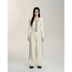 MacyMccoy Color Blocked V-Neck Knit Cardigan Casual Pants Set White