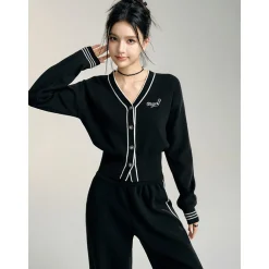 MacyMccoy Color Blocked V-Neck Knit Cardigan Casual Pants Set Black