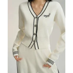 MacyMccoy Color Blocked V-Neck Knit Cardigan Casual Pants Set White