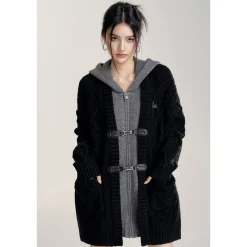 MacyMccoy Fake-2-Piece Hooded Silhouette Knit Cardigan Black