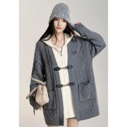 MacyMccoy Fake-2-Piece Hooded Silhouette Knit Cardigan Gray