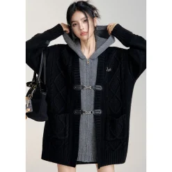 MacyMccoy Fake-2-Piece Hooded Silhouette Knit Cardigan Black