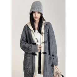 MacyMccoy Fake-2-Piece Hooded Silhouette Knit Cardigan Gray
