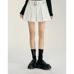 MacyMccoy High-Waist Belt A-Line Pleated Skirt White