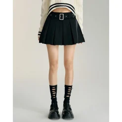 MacyMccoy High-Waist Belt A-Line Pleated Skirt Black