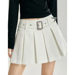 MacyMccoy High-Waist Belt A-Line Pleated Skirt White