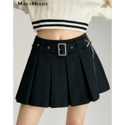 MacyMccoy High-Waist Belt A-Line Pleated Skirt Black