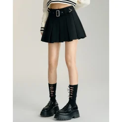 MacyMccoy High-Waist Belt A-Line Pleated Skirt Black