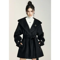 MacyMccoy Lace-Up Hooded Tweed Coat Black