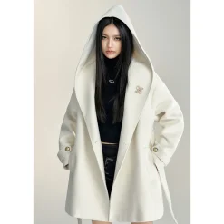 MacyMccoy Lace-Up Hooded Tweed Coat White
