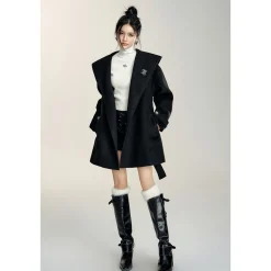 MacyMccoy Lace-Up Hooded Tweed Coat Black