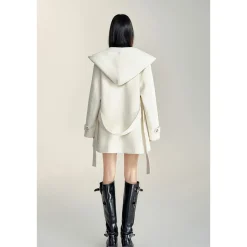 MacyMccoy Lace-Up Hooded Tweed Coat White